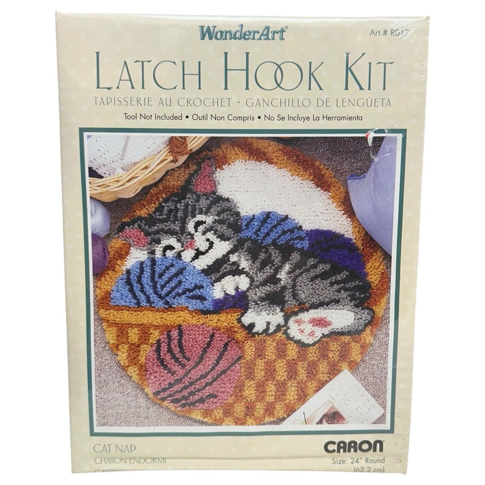Caron Wonder Art Latch‎ Hook Kit CAT NAP 24" Round Rug Kitten Yarn NEW SEALED